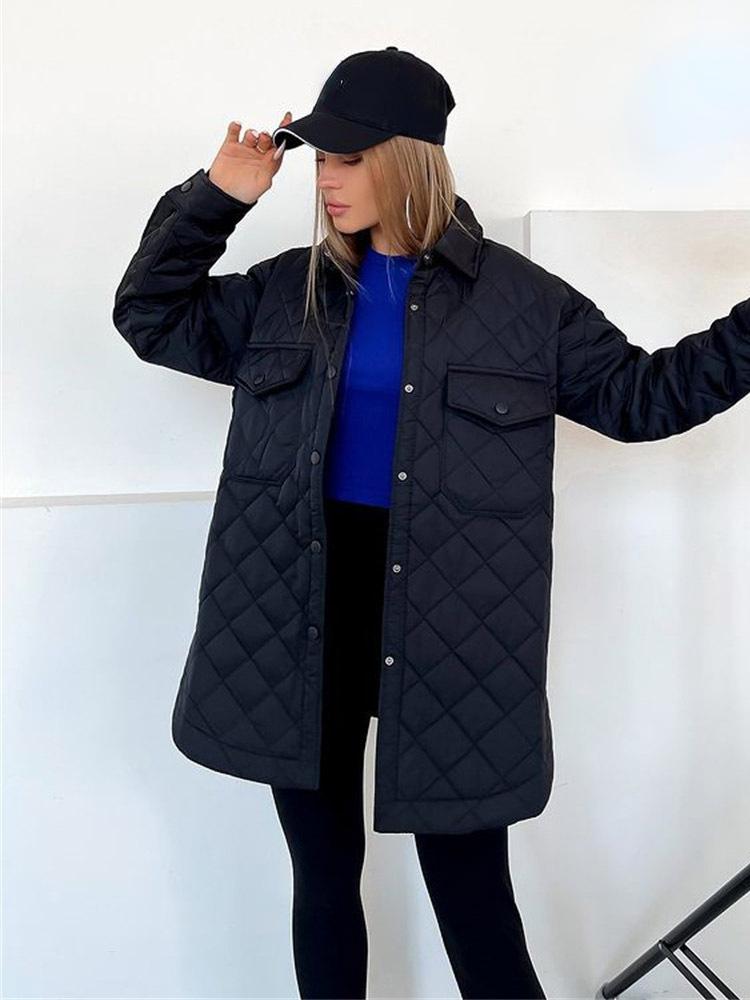 Loose Padded Long Lingge Women's Winter Jacket Casual Turn Down Collar Belt Straight Overcoat Female Outwear Woman Clothes