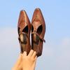 French Retro Camellia Mary Jane Women's Shoes Spring and Autumn Leather Brown T-word with Thick Heel Single Shoes Medium Heel Small Leather Shoes