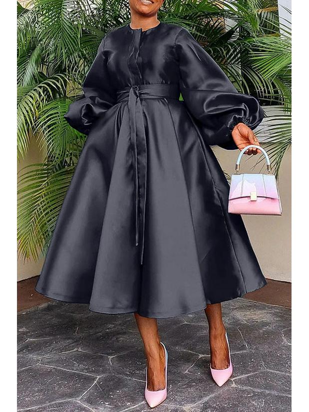 European & American Women's Solid Color Shiny Lantern Sleeve Dress