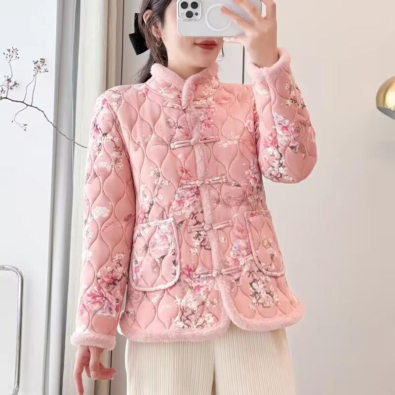 Women's Stand Collar Floral Padded Jacket - Chinese Style Winter Coat with Retro Frog Buttons and Ethnic Design, Plus Velvet for Warmth.