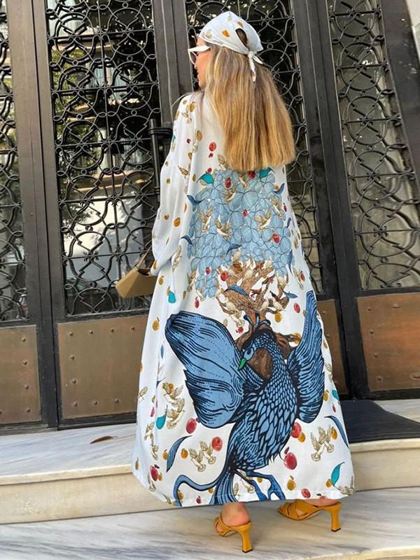 European & American Peacock Print Beach Cover-up: Stretch, Back Cutout, Sexy, Loose Cardigan