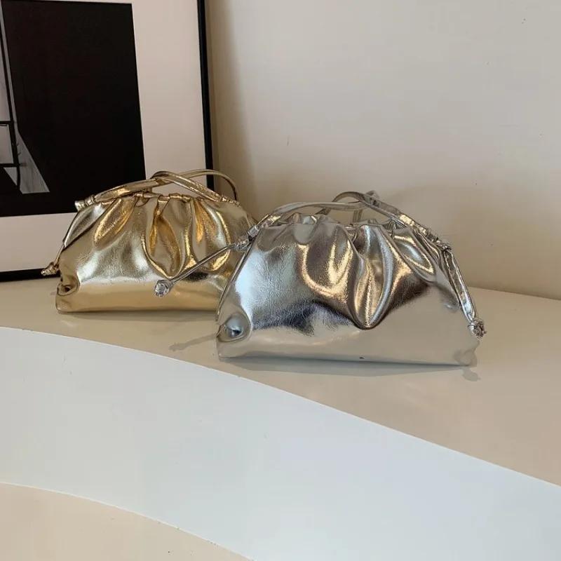 Small Luxury Design Women's Soft PU Leather Gold Silver Cloud Hobo Bag Elegant Dressy Handbag Ruched Dumpling Party Clutch Purse