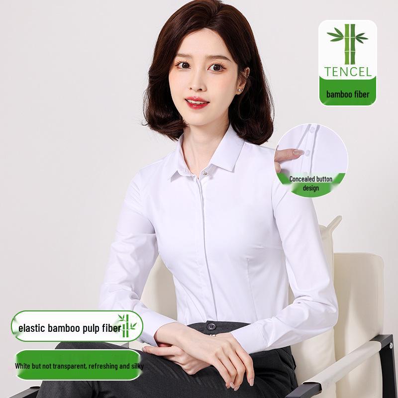 Women's Slim Fit Long Sleeve Bamboo Fiber Anti-Wrinkle White Shirt for Business or Casual Wear