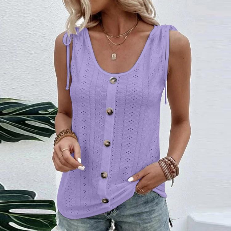 Summer Women's Vest Casual Round Neck Tie Button Tank Top Sleeveless Top