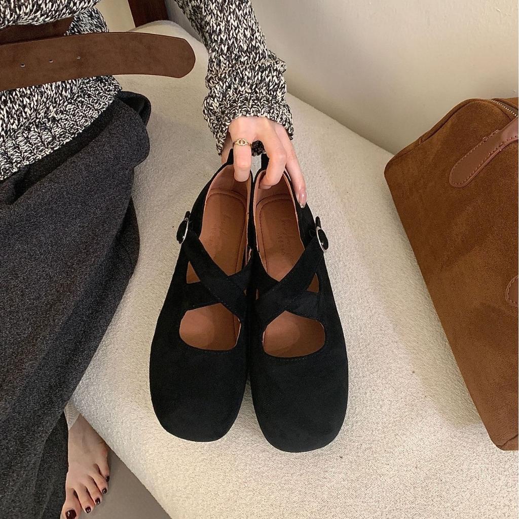 2025 autumn and winter new cross word with round head suede inner slope heel ballet Doudou women's single shoes