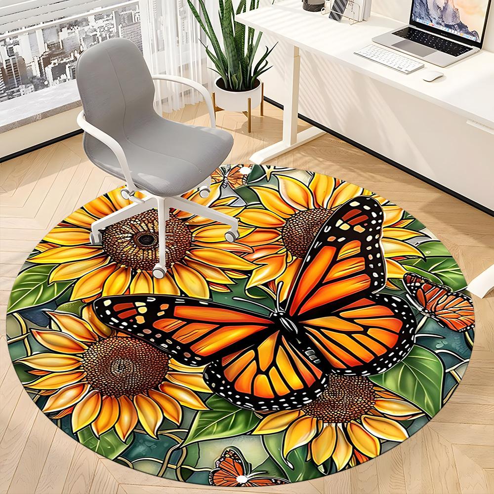 1PC Butterfly Sunflower Office Round Area Rug, Indoor Mat Suitable For Office, Under Office Chairs Bedroom Living Room Home Decor, Room DecoT1223060