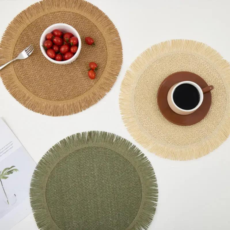 1pc Round Linen Placemats Table Mats Hand Woven Non-slip Heat Insulation Place Mats Tea Cup Pad Dining Table Decorations