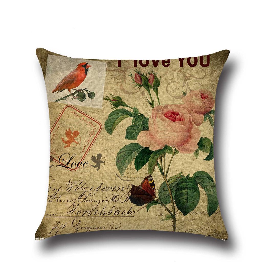 Pure Floral Linen Cushion Rose Pillow for Home Chair Sofa Decorative Oil Painting Flowers Pillowcase