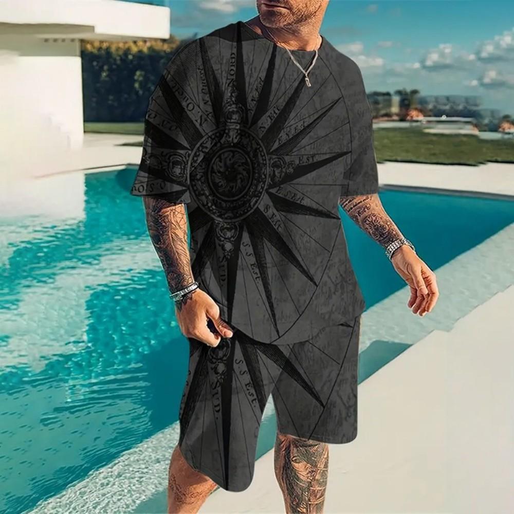 Men's New Animal Printed Breathable Round Neck T-shirt Shorts Set Outdoor Casual Two-piece Set