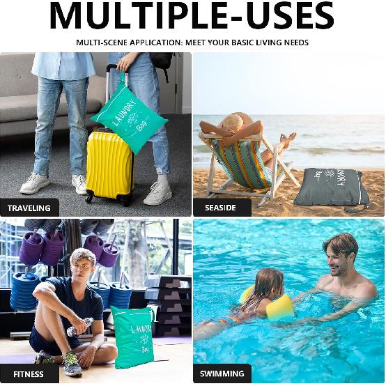 2 Pcs Large Travel Laundry Bags - Waterproof Wet/Dry, Washable, Drawstring, Bathing Suit, Workout, Gym Clothes, Swimming, Yoga - Green, Grey