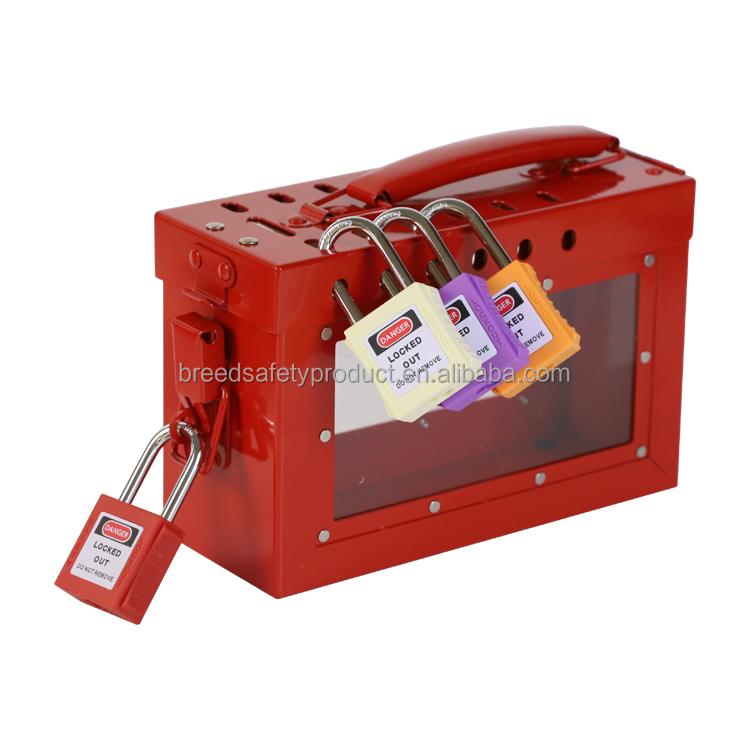 Custom Portable Group Lock Box with Transparent Viewing Window Safety Steel Lock Station with 12 Padlock Holes and Steel Handle (Red,Steel&Empty box)