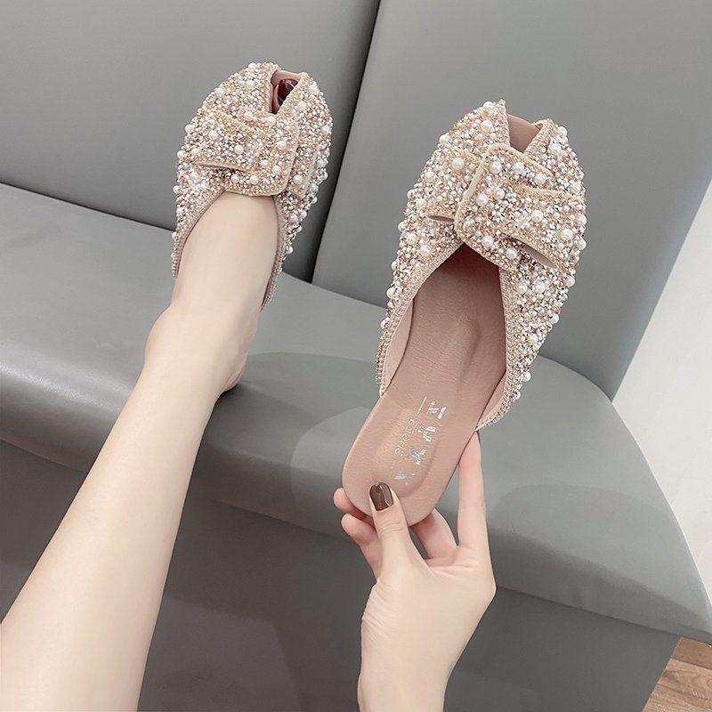 Cool Slippers Women Wear 2025 Summer New Versatile Flat Bottom Internet Celebrity Lazy Shoes Rhinestone Fashion Bag Head Half Slippers