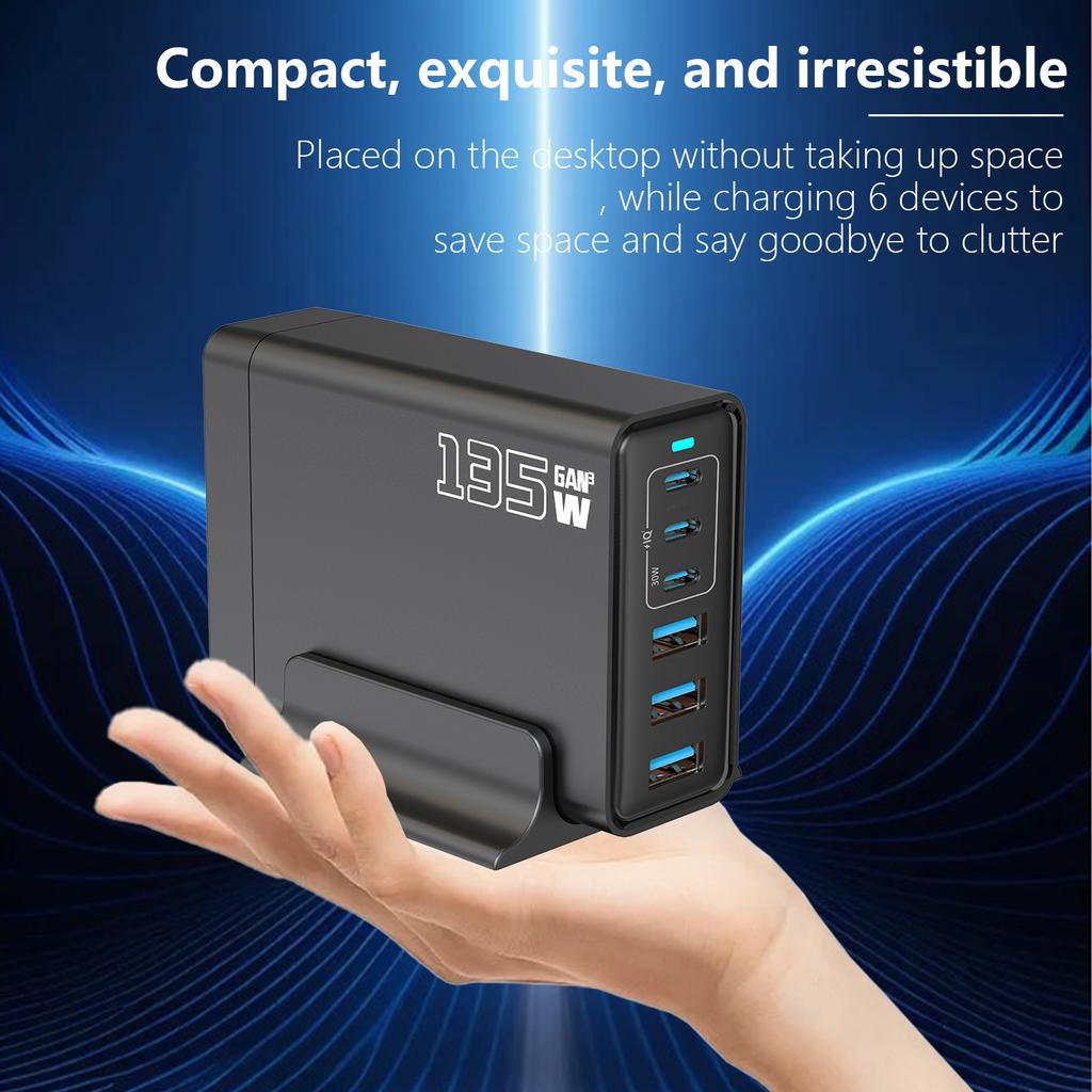135W GaN Desktop Charger 3C+3A 6 Port Output 65W Single Type-C Port Charging Station for Phones Tablets