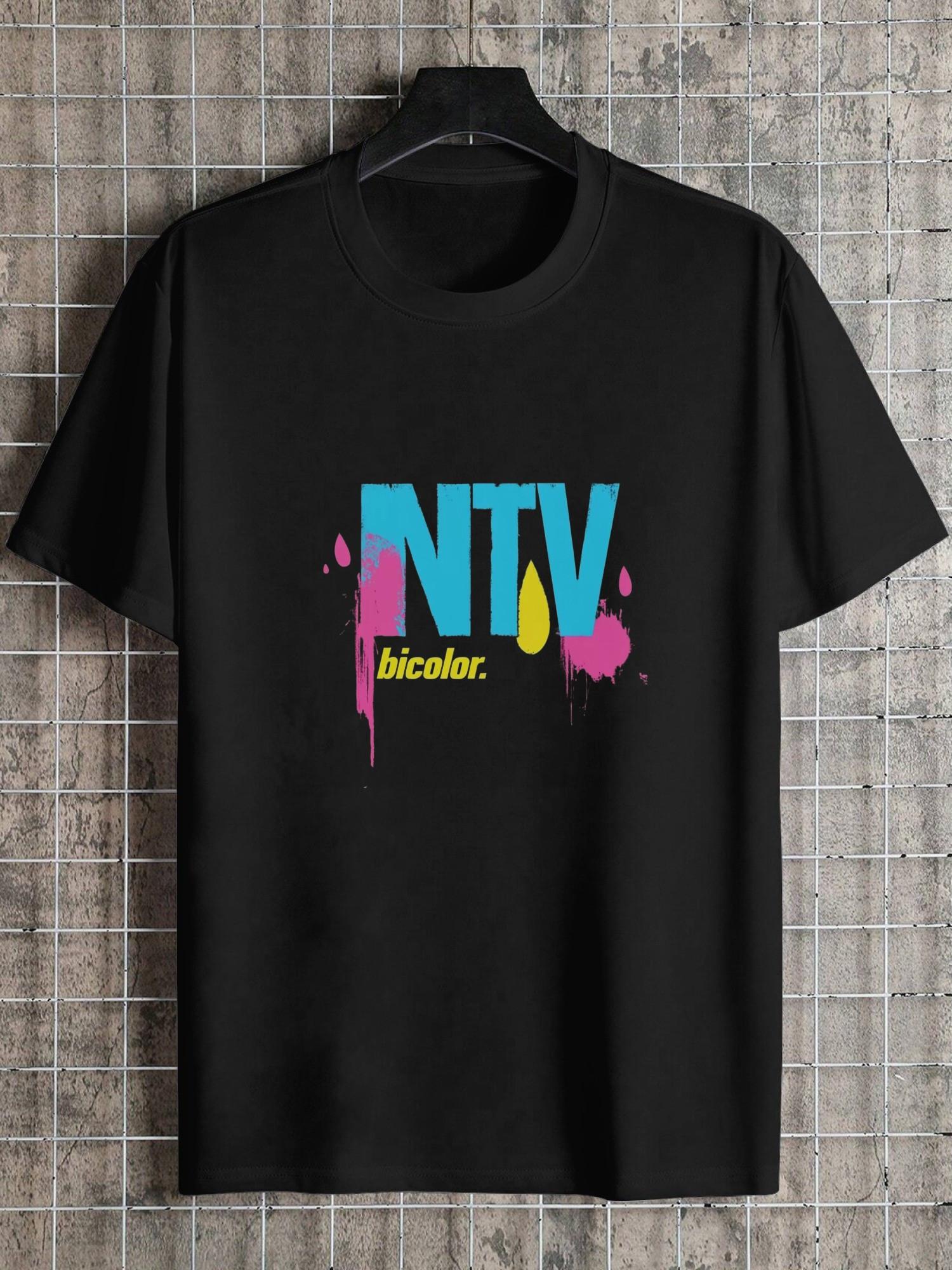 

1pc MNTV Retro Logo Bicolor T-shirt - Black 180g Cotton Crew Neck Short Sleeve Tee with Vibrant Blue & Pink Geometric Print L