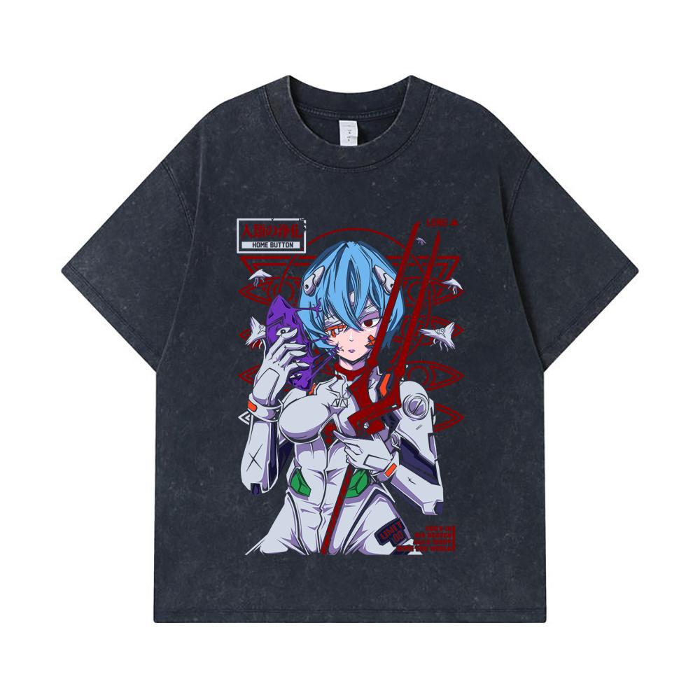 275 GSM Washed T-shirts 100% Cotton Evangelion V7 Rei Print Unisex Heavy Cotton T Shirt