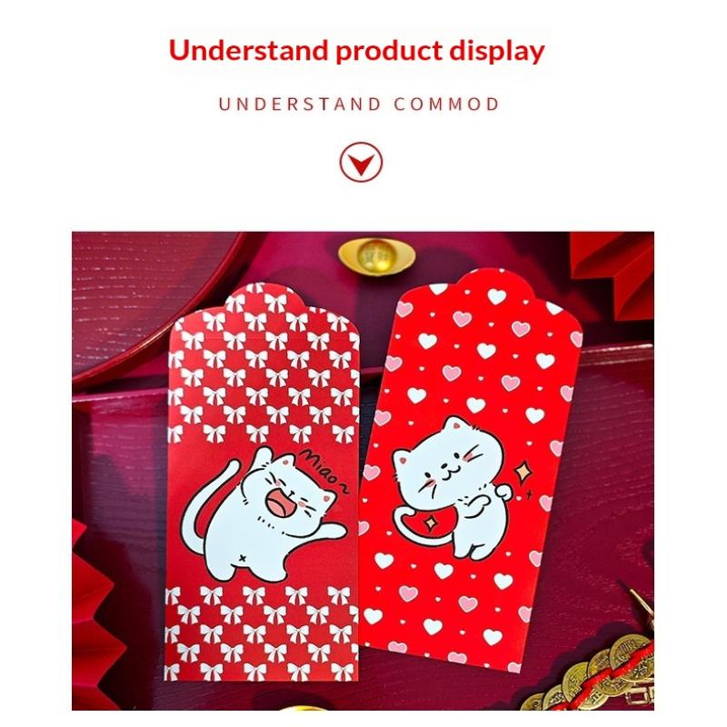 6Pcs Cute Antiquity Lucky Cat Red Envelope Thickened Rectangular Red Packet Colorful Lucky Money Bag Kids