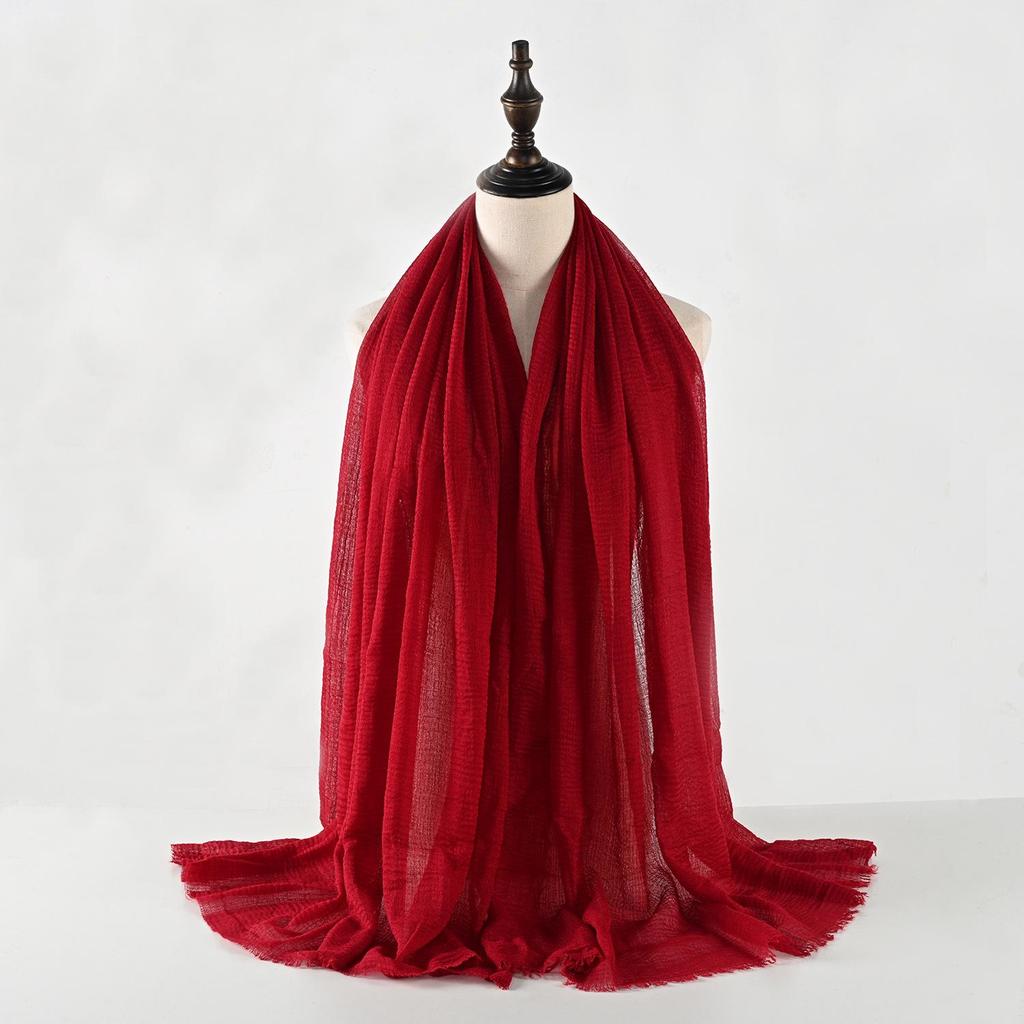 Crinkled Cotton-Linen Blend Scarf with Fringe - Solid Color, 90x180cm, Women's Headscarf