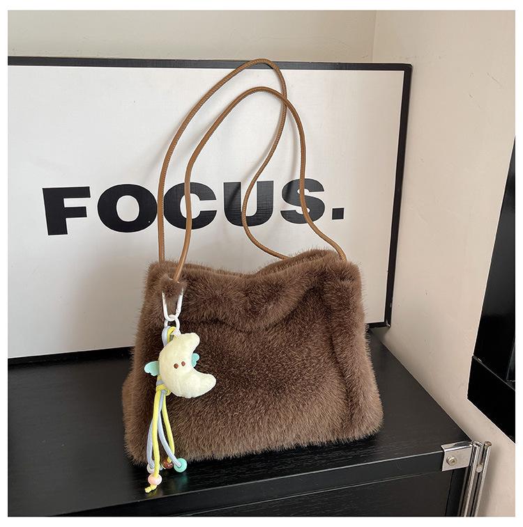 Bolsa Tote Transversal e de Ombro de Pelúcia Fofa Estilo Coreano
