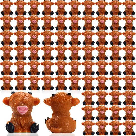 100 Pcs Mini Highland Cow Figurines Bulk Mini Cow Figurines Cake Decorations Cute Miniature Resin Sculpture Ornament Micro Landscape Office Garden