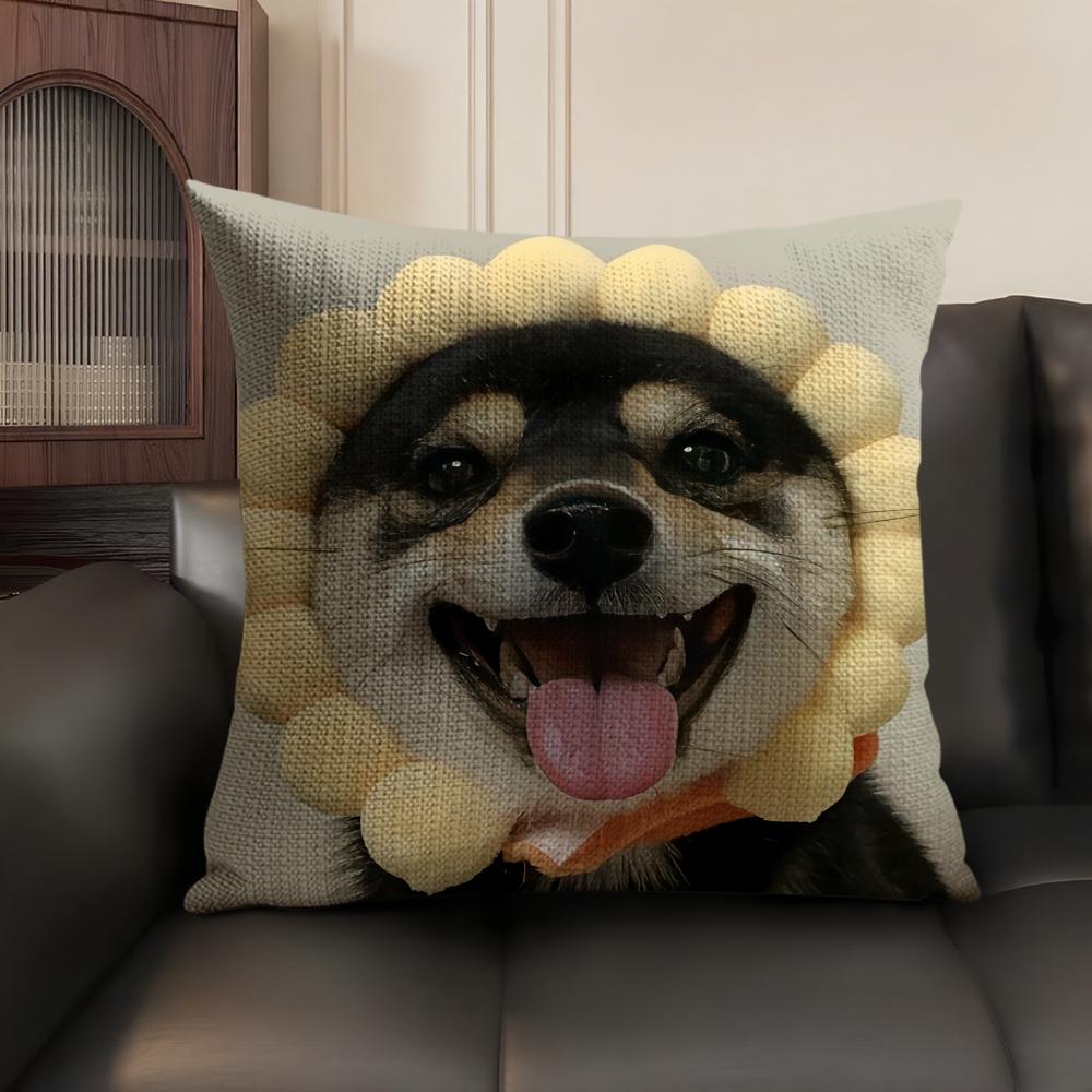 Cute Dog Cat Kawaii Gift Cushion Cover Natural Linen Organic Fabric Double-Sided Printing Sofa Home Decor Gift Pillow Case