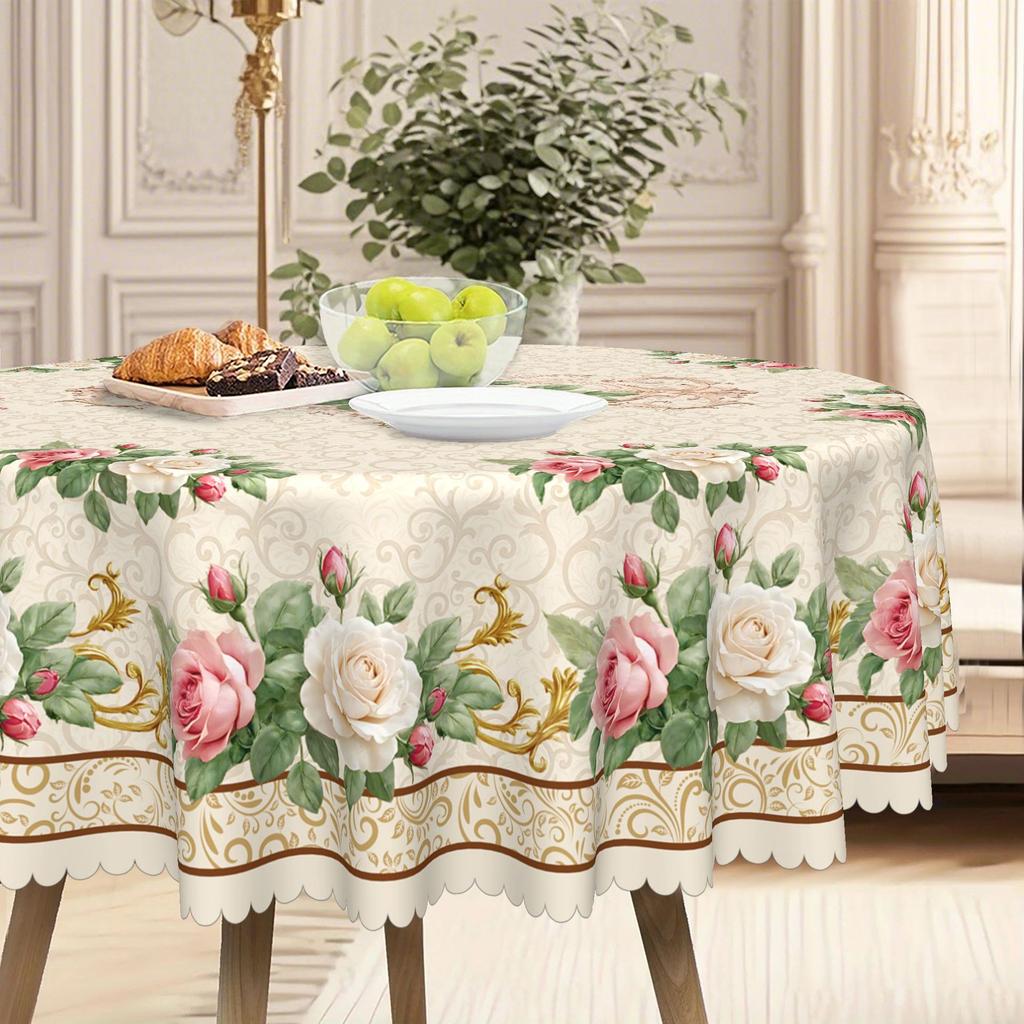Round Dining Table Cloth, Rose Retro Pattern Waterproof And Oil-Proof Leave-In Tablecloth Household Long Dining Table Cloth