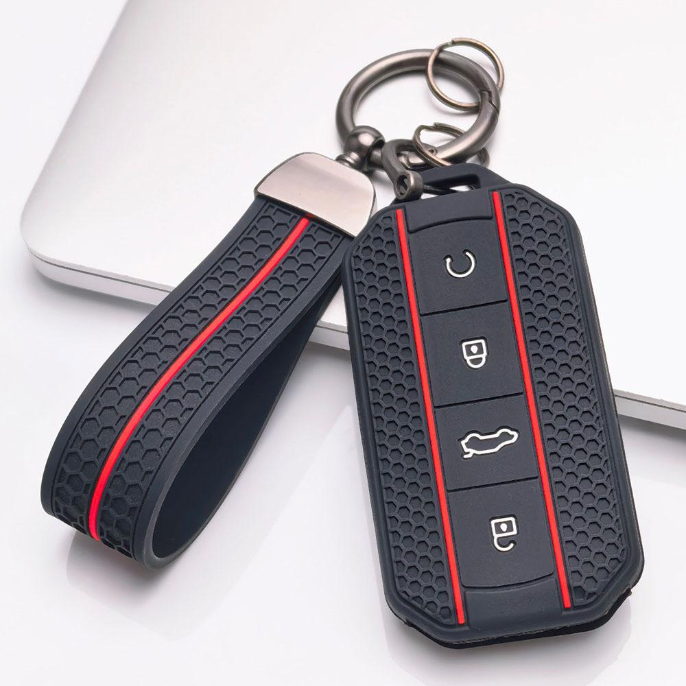 4 Button Silicone Key Fob Cover with Matching Keychain for Chery Jaecoo 7 8 J7 J8 Lock Unlock Trunk Remote Start Buttons, Full Wrap Key Guard for