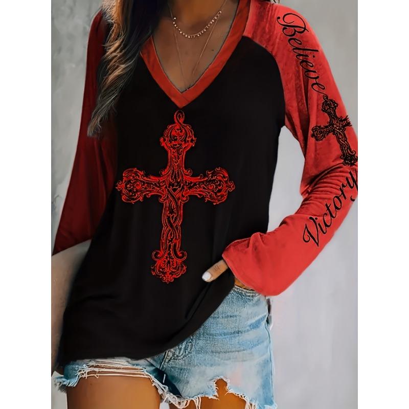 Plus Size Women's V-Neck Long Sleeve Cross Print T-Shirt Casual Loose Fit Top for Everyday Wear