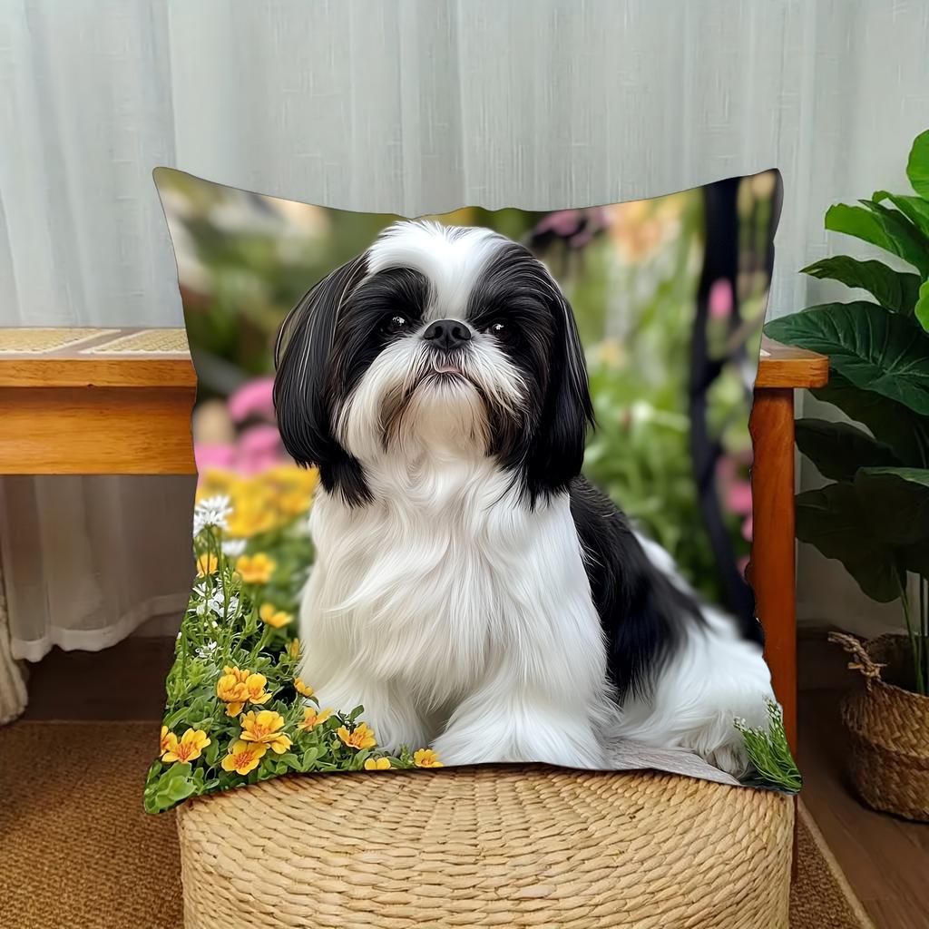 Cute Shih Tzu Dog Print Throw Pillow Cover Realistic Black And White Shih Tzu Themed Cushion Case For Home Couch Decor