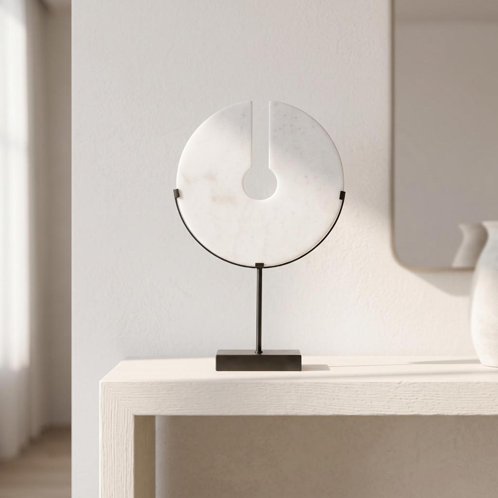 Marble Disc Sculpture with Stand Minimalist Decorative Accent for Bookshelf