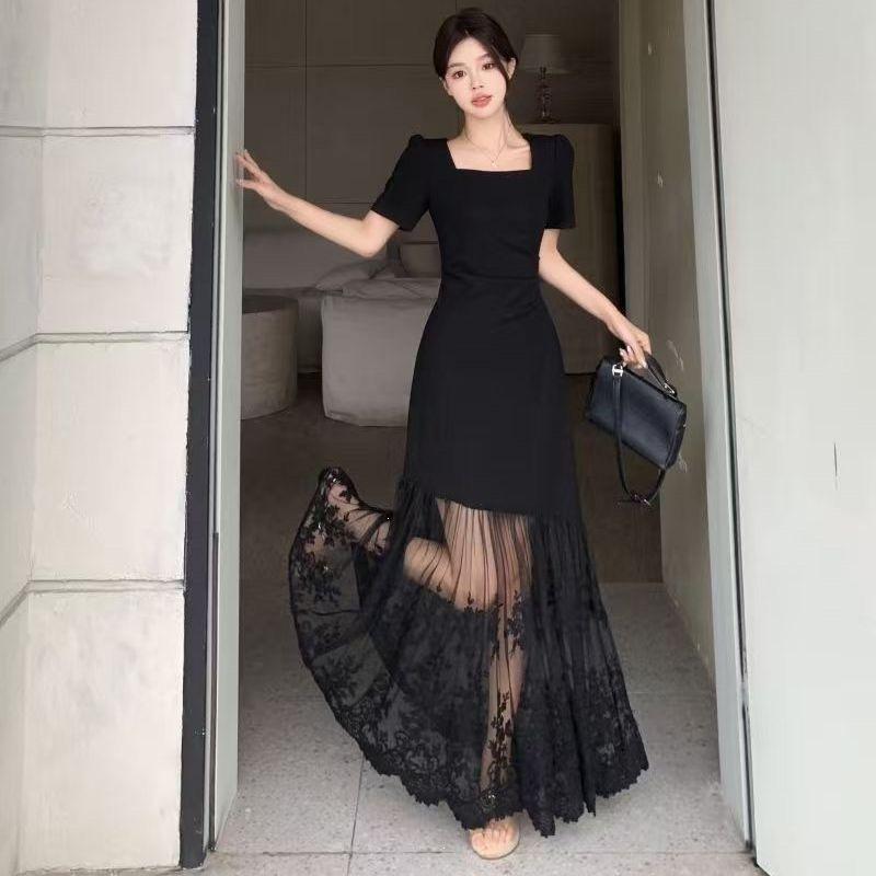 Summer Black Mesh Splicing Square Neck Dress for Women, Sexy Waist and Thin Temperament, Slim and Big Swing Dress