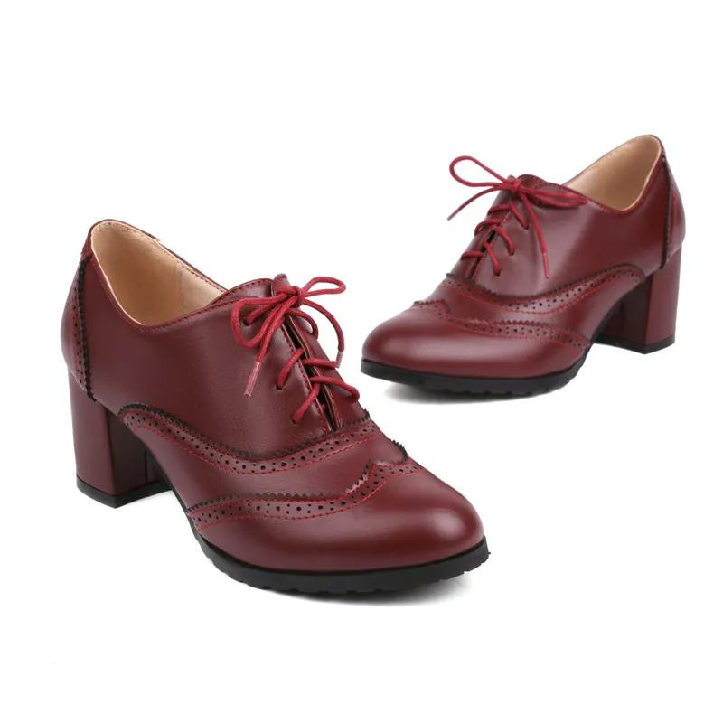 

Великий розмір 43 Жіночі оксфорди Ретро Високі Товсті Підбори Броги Сині Червоні Чорні Круглий Носок Вечірня Сукня Офісна Леді Британські Черевики на Шнурівці 36