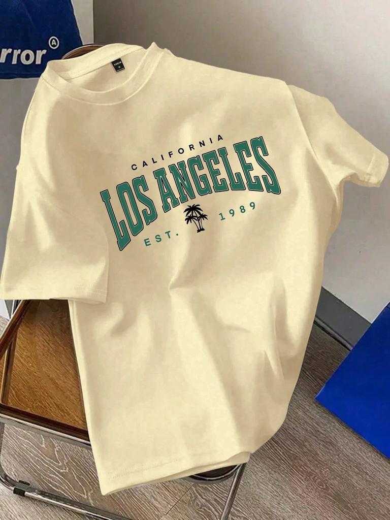 Mens White Knitted Fabric TShirt with Los Angeles Graphic Print Short Sleeves and Round Neckline Regular Fit Harajuku