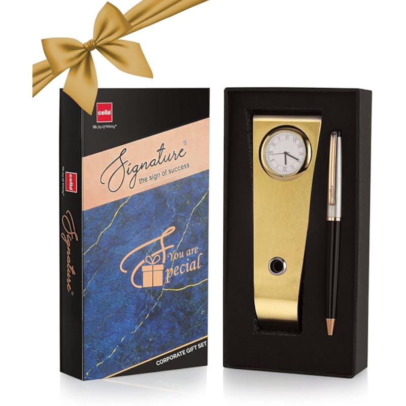 Cello Signature Corporate Gift Set | Blue Ink | 1 Ball Pen + 1 Golden Finish Table Clock with Pen Holder | Premium Metal