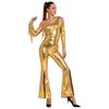 Womens Metallic Shiny Disco Flare Jumpsuit Sequin Tassels One Shoulder Long Sleeve Bell Bottoms Bodysuit