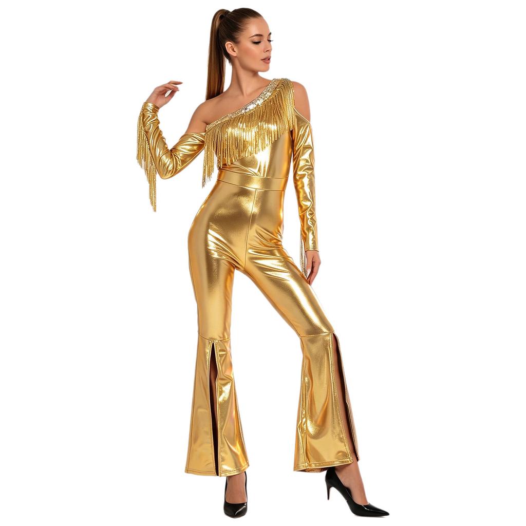 Womens Metallic Shiny Disco Flare Jumpsuit Sequin Tassels One Shoulder Long Sleeve Bell Bottoms Bodysuit