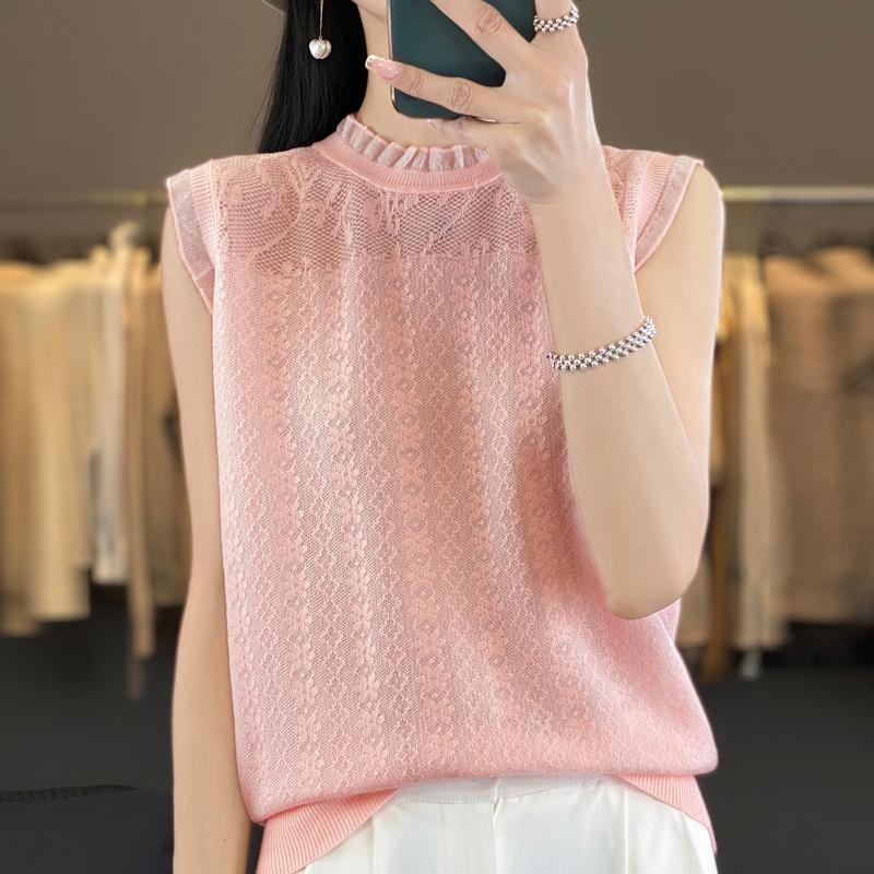 Women T-shirt Vest Wool Tank Summer Knitted T-shirt Sleeveless Basic Tees Knit Top O-neck Female