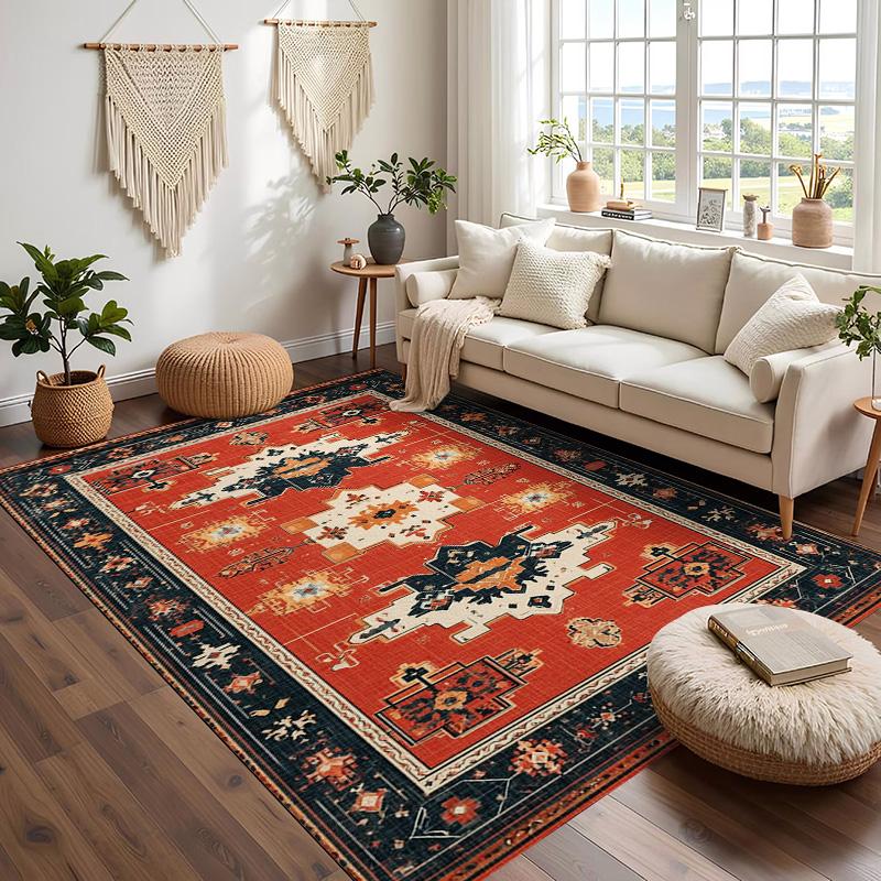 RAKKS Moroccan Red Area Rug with Non-Slip Backing, Ideal for Living Room, Dining Room, Bedroom - Vintage, Easy Clean, Durable,