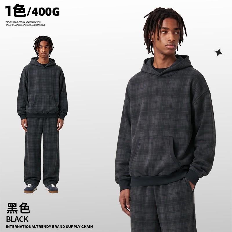 Mens Oversized Hooded Sweatshirt Cotton Plaid Fall Winter Casual Wear