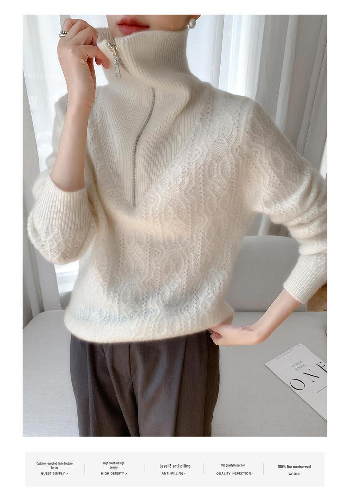 100% Wool Lapel Half-Zip Hollow Out Knitwear, Long Sleeve, Women's Thickened Base Layer for Autumn/Winter 2025