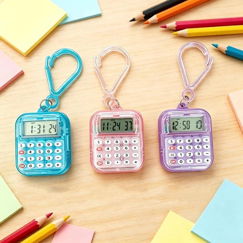 Mini Pocket Calculator Detachable Keychain Time Display Durable Plastic Counter for Students School Daily Use