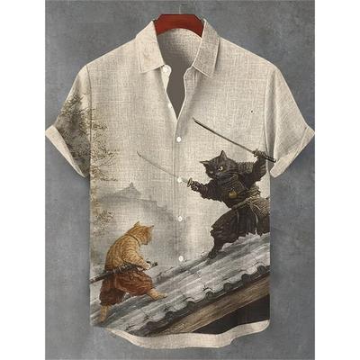 Men's Samurai Cat Showdown Print Short-Sleeve Shirt, Collared Casual Top, Trendy Design, Loose Fit, Unique Style, Fast Delivery