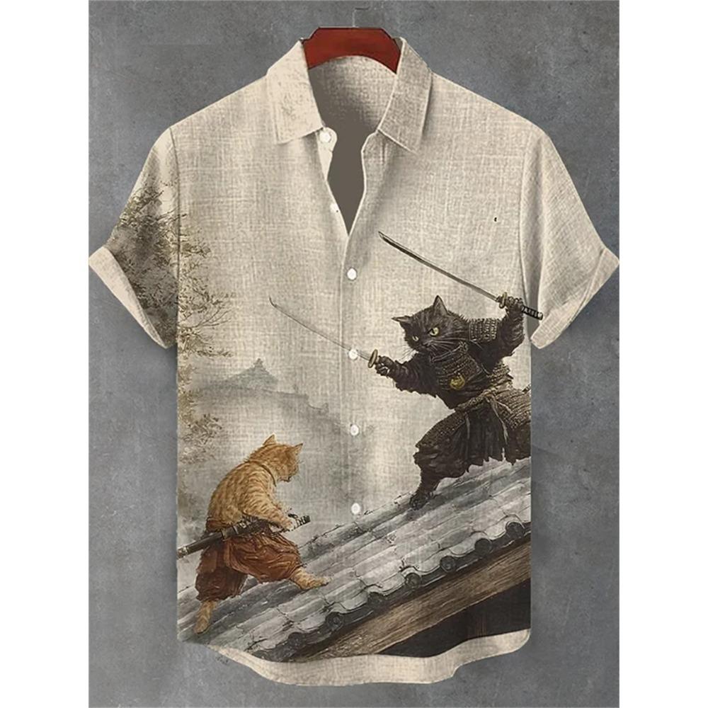Herren Kurzarmhemd mit Samurai-Katzen-Showdown-Print, Lässiges Hemd mit Kragen, Trendiges Design, Lockerer Schnitt, Einzigartiger Stil, Schnelle Lieferung