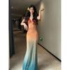 Sunset Skirt Beautiful Smudge Gradual Change Elastic Mesh Dress Thailand Sanya Seaside Vacation Bag Arm Fishtail Dress
