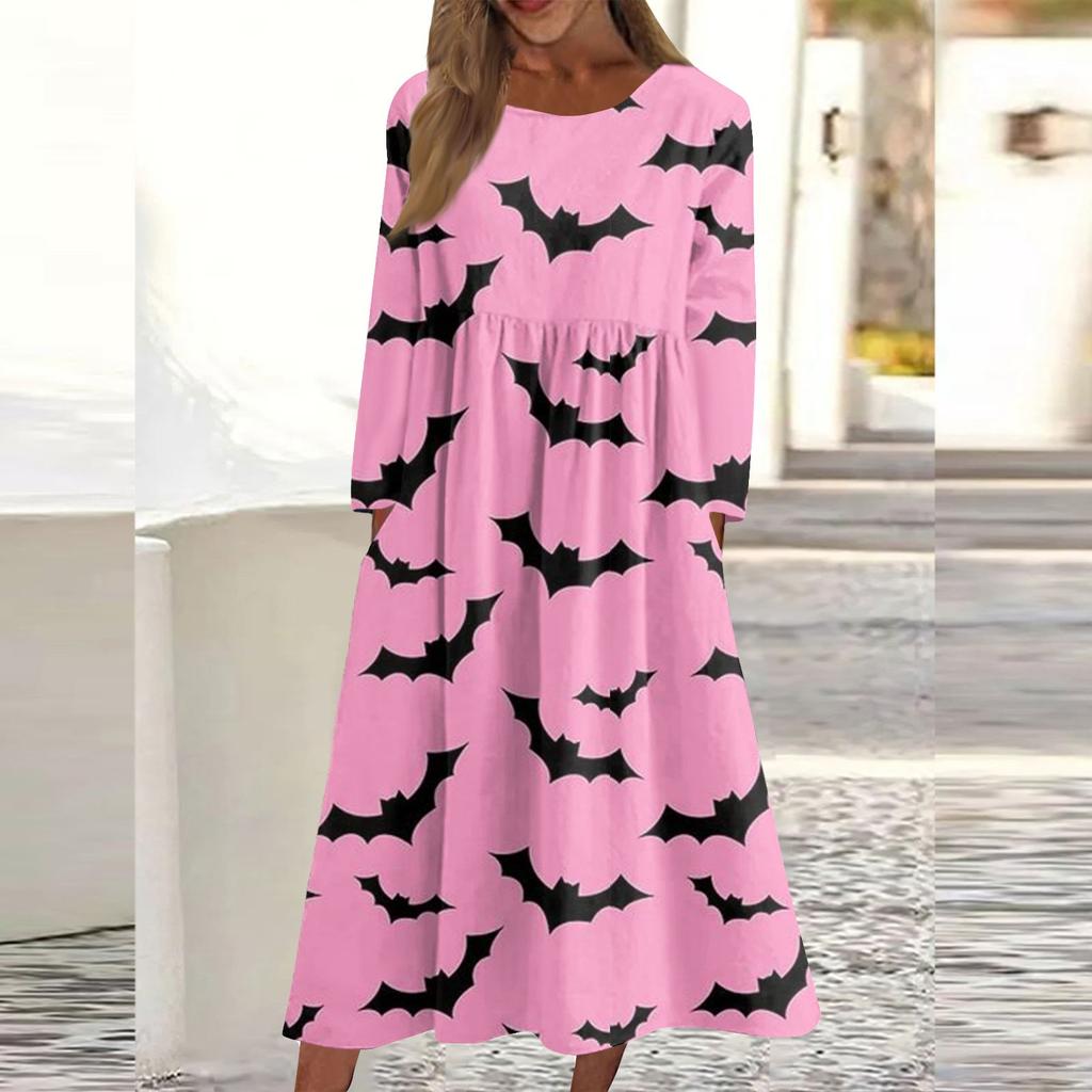 Kvinners uformelle trykk med rund hals. Mellomlang kjole Langermet kjole med lommer