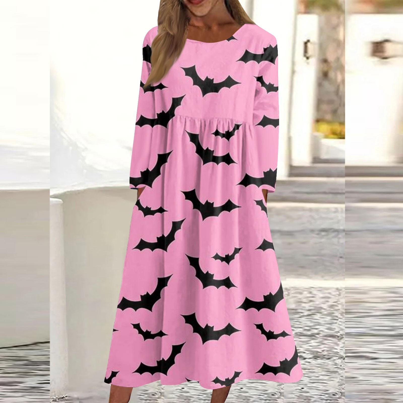 

Женское повседневное платье средней длины с круглым вырезом и принтом, платье с длинными рукавами и карманами L розовый