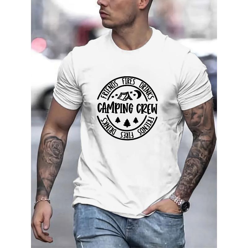 

European sizes Camping Crew Print T Shirt, Tees For Men, Casual Short Sleeve T-shirt For Summer 4XL білий