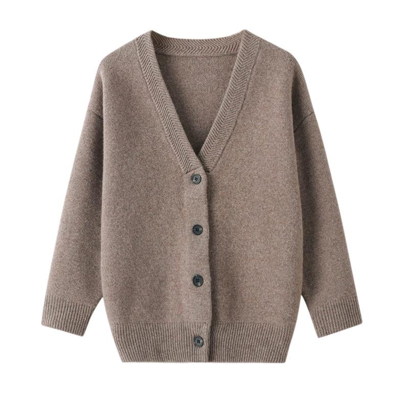 Women's 100% Pure Wool V-Neck Cardigan Coat, Loose Fit, Thickened Knit Sweater Style Top Outerwear.