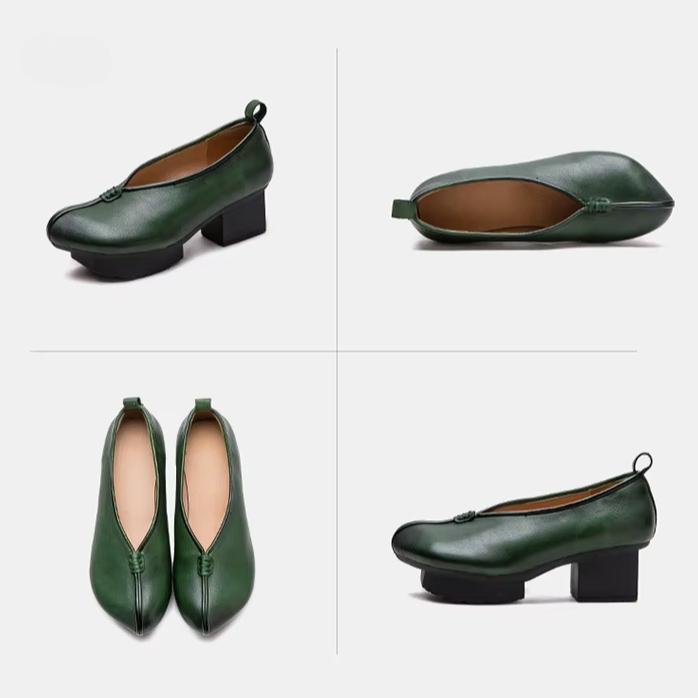 Johnature Hakiki Deri Yüksek Topuklu Retro Yuvarlak Burunlu Pompalar Çok Yönlü Kalın Topuklu Kadın Ayakkabıları