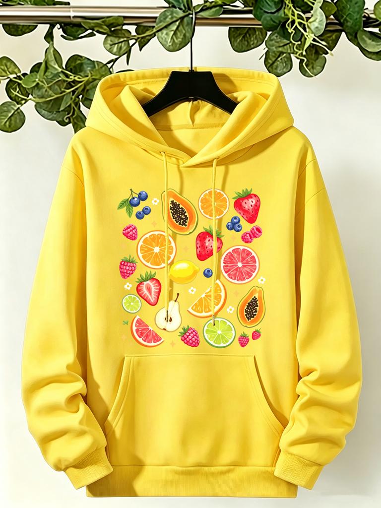 Organic Fruit Orange Strawberry Printing Women Hoody Pocket Autumn Hoodie Casual Daily Female Sportswear Loose Y2K Pullover Top