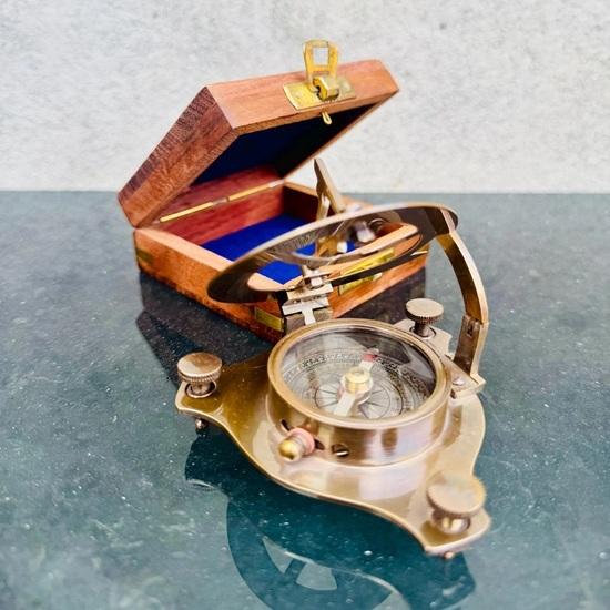 Nautical Sundial Brass Compass with Wooden Box Handmade Gold Finish Marine Steampunk Pocket Gift